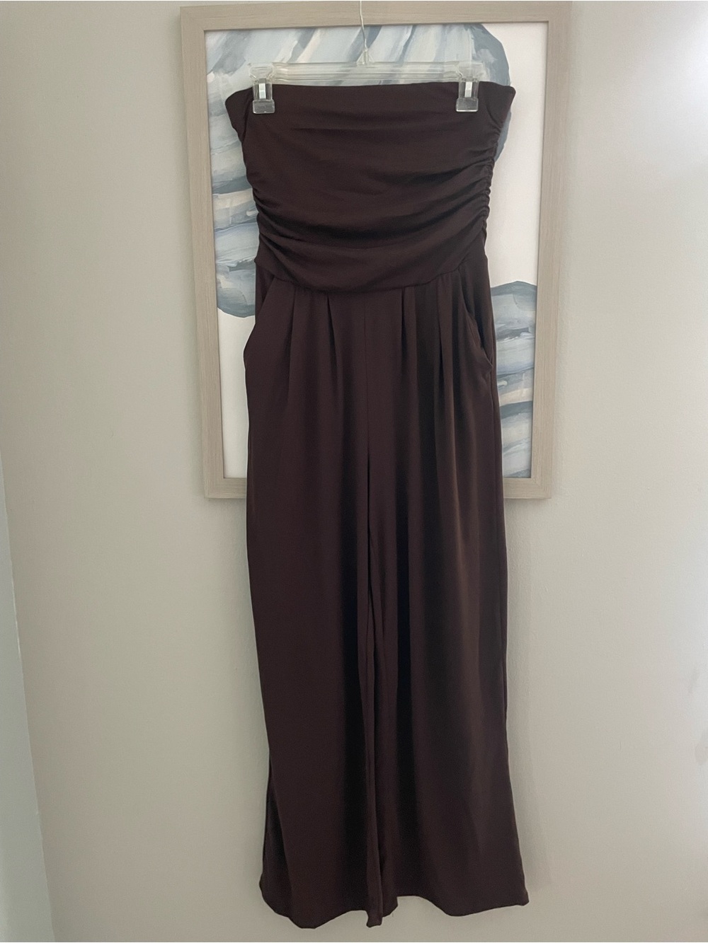 Strapless Ruched Bodice pants jumpsuit in Chocolate Brown